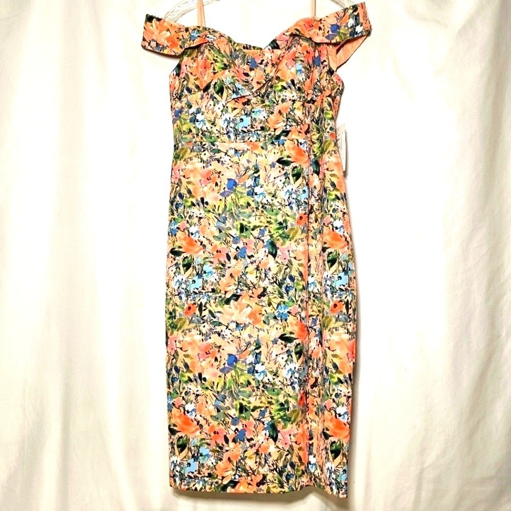 Aiden Mattox Pink Green Blue Floral Drop Shoulder Sheath Midi Dress 12